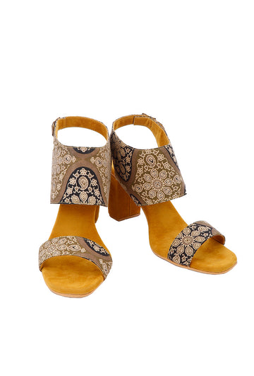 Medallion Yellow Ajrakh Cotton Strappy Block Heels In Suede